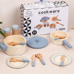 Jeu de cuisine d'imitation unisexe, casseroles et poêles bleues, jouets en bois, ustensiles de cuisine pour enfants, jeux éducatifs pour enfants - Product Image 2