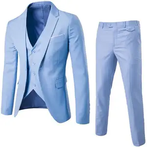Erkekler Slim Fit tek göğüslü takım elbise 3 adet Blazer + pantolon + yelek seti erkek iş resmi kıyafet