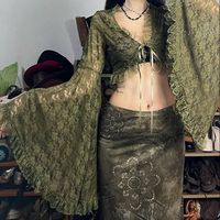 Chemisier T-shirt Femme Vert en Dentelle, Col V, Style Cardigan à Nouer sur le Devant, Manches Évasées, Protection UV, Sexy, Haute Qualité