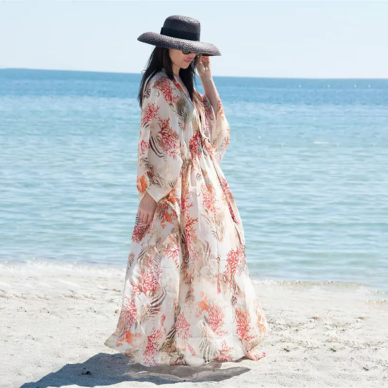 Elegant Long Ruffle Sleeves Women Beach Wear, Coral Print Summer Beach Dress Bikini Cover Up
