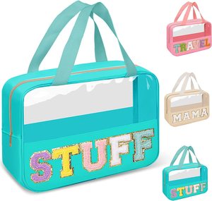 Bolsa de viaje de maquillaje de PVC impermeable de alta calidad, venta al por mayor, bolsa transparente con cremallera de chenilla, bolsa de cosméticos para <span class=keywords><strong>niñas</strong></span> con asa transparente - Product Image 2