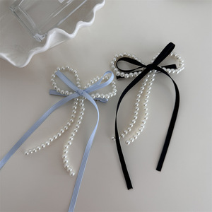달콤한 멋진 소녀 긴 리본 긴 꼬리 활 진주 헤어 클립 키즈 보우 헤어 액세서리 악어 오리 빌 헤어 클립 - Product Image 5