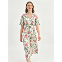 Robe en coton à imprimé floral pour femmes, robe mi-longue à manches courtes et col en V, décontractée pour le printemps et l'été