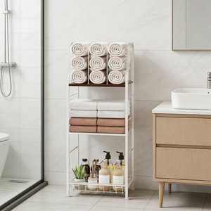 Étagère murale moderne à cinq niveaux en fer, support de rangement portable pour serviettes de bain, organisateur de linge et articles de toilette - Product Image 2