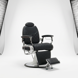 Barber Chair Black Faux Leather Reclining Hydraulic Pump <b>Adjustable</b> <b>Footrest</b> Industrial Design Round Base Salon Furniture - Product Image 1