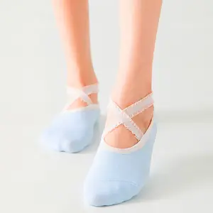 Combed Cotton Non-Slip Lace Edge Dance Fitness Socks Round Toe Cross Straps Training Women Yoga Ballet Sock Custom Yoga Sock