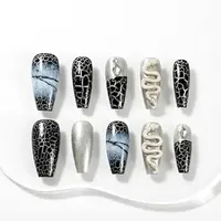Uñas Postizas Extra Largas Tipo Ataúd al por Mayor, con Diseño 3D de Flor Azul, Uñas Artificiales, Suministros para Uñas con Etiqueta Privada Personalizada