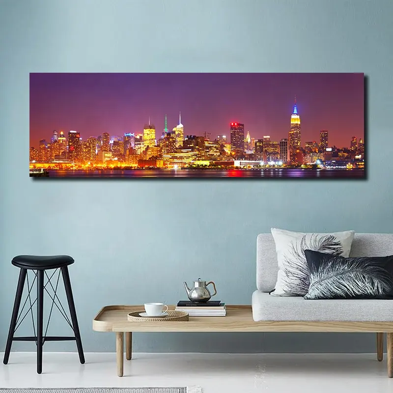 Home Decoratie Custom Grote Size Moderne Stad Riverside Landschap Led Light Canvas Foto