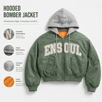 Veste bomber matelassée courte personnalisée de style streetwear haut de gamme, en polyester, avec fermeture éclair contrastée, capuche et broderie chenille pour homme