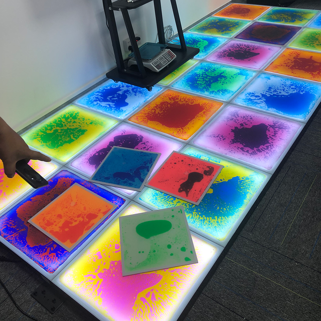 Remote RGB Color Lighting Pressure Sensitive Interactive Led Floor Illuminated Kids Liquid Sensory 3D Dance Floor Tile Wholesale