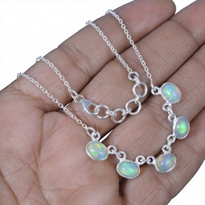 925 Silver <b>Opal</b> Pendant <b>Necklace</b> Bezel Setting Classic Link Chain Unisex Everyday Wear Jewelry - Product Image 1