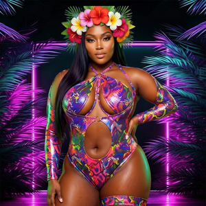 Wholesale Custom Plus Size <strong>Long</strong> <strong>Sleeve</strong> Cutout Holographic Metallic Monokini Carnival Party Beach One Piece <strong>Swimsuit</strong> OEM Supplier - Product Image 1