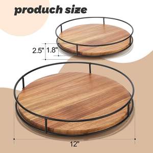 Bandeja giratoria de almacenamiento de madera maciza de forma redonda personalizada, estante giratorio para especias de cocina con lado de Metal - Product Image 4