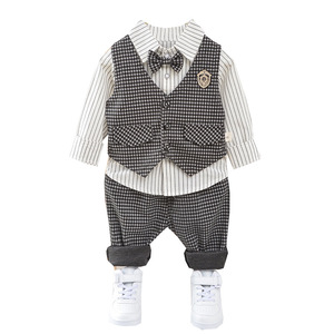 Vêtements pour enfants en gros, bébé garçon de 1 à 3 ans, printemps automne, style britannique, motif à carreaux, tissu en coton, costume trois pièces, <span class=keywords><strong>gilet</strong></span> - Product Image 5