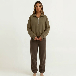 Sudadera de Mujer Verde Oliva con Cierre de Cremallera, Manga Larga, Color Sólido, Cuello Alto, Informal, de Punto, de Algodón y Felpa, para Otoño - Product Image 1