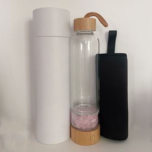 Bouteille d'eau en verre borosilicate écologique avec pierre énergétique en cristal, couvercle en bambou, grande capacité, conception de séparation, pierre concassée - Product Image 1