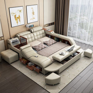 מיטת חכמה רב תכליתית עם ריפוד בד, רמקול מולטימדיה חשמלי מודרני, מטען USB ועיסוי, ריהוט לחדר שינה. - Product Image 3