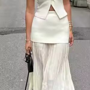 Nouveautés : Ensemble haut court en lin décontracté à revers et jupe longue à taille élastique pour femme, en lin de haute qualité - Product Image 3