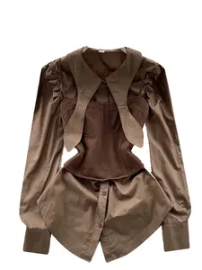 Wholesale 2024 Spring/Summer New Retro Cowboy Vest Versatile Waist Design Shirt Two Piece Set Top Women's Sets