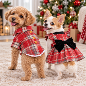 Ensemble robe et manteau à carreaux pour petits animaux, vêtements pour chiot à carreaux rouges avec boutons et nœud - Product Image 1