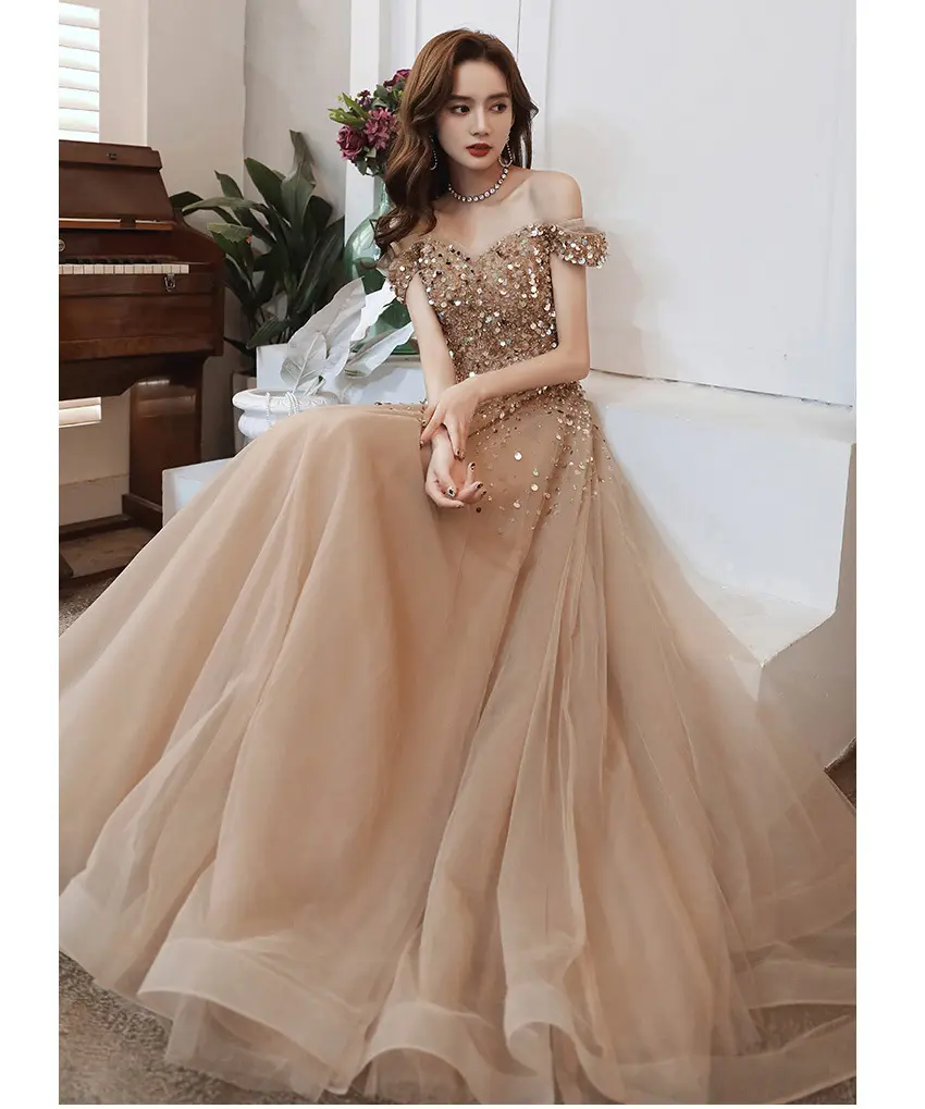 Gold Evening Dresses Custom A-Line Off Shoulder Luxury Sequins Beading Long Wedding Formal Guests Party Prom Gowns