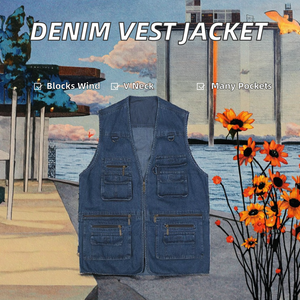 Customized New Arrival High Quality Vintage Wash <b>Denim</b> <b>Vest</b> <b>Jacket</b> Zipper Japan Style V-Neck Windproof Anti-Wrinkle Autumn Men's - Product Image 2