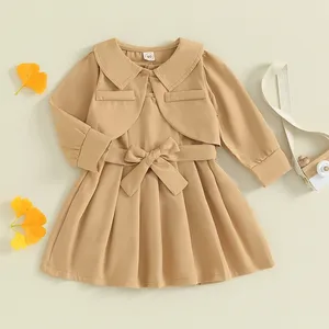 2024 Fall Trendy Fashion Kids Girls Clothes Sets 2pcs Long Sleeve Peter Pan Collar Jacket+Strapless Belted A-line Dress