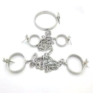 De acero inoxidable bdsm bondage kit collar + esposas + puños de tobillo con cadena esclavo fetiche sexo juguetes de juegos para adultos