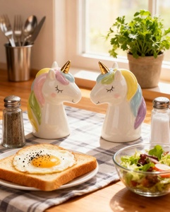 Prix d'usine, salière et poivrière en céramique peintes à la main, en forme de licorne mignonne, écologiques, couleur personnalisée - Product Image 4