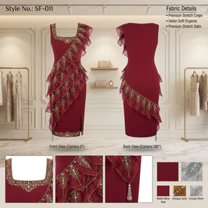 Robe de cocktail rouge vin satinée mate respirante avec volants en cascade et broderie dorée, élégante robe de soirée pour occasions spéciales - Product Image 2