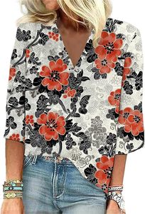 Chemisiers Bohèmes à Manches 3/4 pour Femmes, Imprimés Floraux, Col en V, Blouses Décontractées <span class=keywords><strong>Chic</strong></span>, T-shirts Graphiques, Chemises d'Été pour les Vacances - Product Image 2