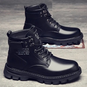 Bottes en cuir pour homme, style Martin, mi-hautes, noires, doublées de polaire, chaudes pour l'hiver, bottes de neige - Product Image 2