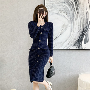 Robe élégante pour femme en <span class=keywords><strong>jacquard</strong></span> à carreaux d'automne, taille haute, col en V, amincissante, <span class=keywords><strong>jupe</strong></span> longue de mondaine - Product Image 2