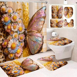 Cortina de Ducha de Poliéster con Diseño de Mariposas Doradas y Margaritas, Impresión Digital Personalizada, Impermeable, Venta al Por Mayor - Product Image 1