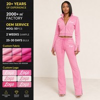 Ensemble de survêtement Y2K rose en velours personnalisé, veste courte zippée sexy, pantalon de survêtement évasé taille haute, vêtements imprimés avec logo, fabricant