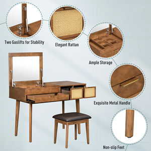 Classic Wood <b>Makeup</b> Vanity Set 43.3 In With Flip Top Mirror And Stool Dressing <b>Table</b> Three Drawers Storage Brown - Product Image 3