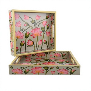 Rectangular Wood MDF Decorative <b>Tray</b> With Floral Pattern Blue And <b>Gold</b> Traditional Design Handle For <b>Serving</b> Or Display - Product Image 6