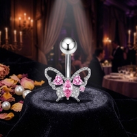 Anneau de nombril en acier inoxydable avec zircon rose en forme de papillon, bijoux de piercing pour le ventre en forme de cœur