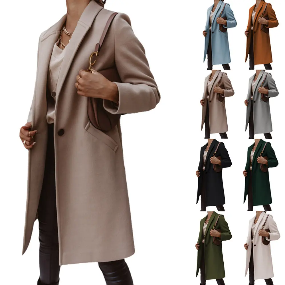 2023 शरद ऋतु सर्दियों ठोस रंग महिलाओं के मध्य-लंबाई ओवरकोट पोलो कोलालेस न्यूनतम काम सर्दियों लंबे कोट