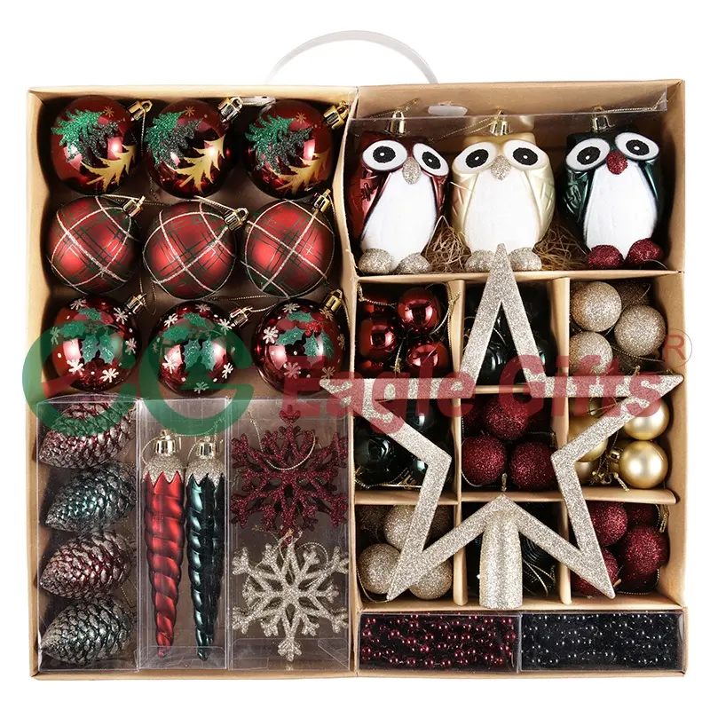 EAGLEGIFTS High Quality Gift Box Merry Christmas Ball Ornaments Set Red Gold Green Owl Snowflake Icicle Pine Cone Xmas Pendants