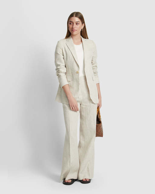 Hot Sale High Quality Autumn 100%  Linen Casual Loose Daily Wear Beige With Button and Pocket Women Linen Jacket and Pants Set