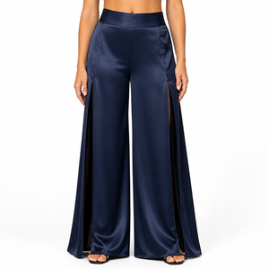 <span class=keywords><strong>Pantalon</strong></span> Palazzo en Satin Bleu Nuit Personnalisé pour <span class=keywords><strong>Femme</strong></span>, Taille Haute, Fente Latérale, Élégant, Brillant, pour Soirée et Cérémonie, Effet Spectaculaire - Product Image 5