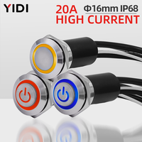 Interruptor de Botón Pulsador Momentáneo con Anillo LED Metálico Iluminado de 16 mm, Resistente al Agua IP67 IP68, 12V 24V 110V 220V, Símbolo de Encendido
