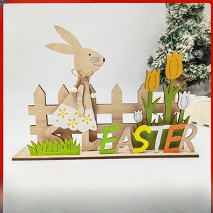 Easter Bunny Ornament Nordic Style Wooden Decor Handmade Cartoon Family Tree With Flowers Indoor Easter Decoration - Product Image 5