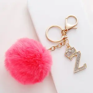 Faux Ball Keychain Cute Pompom Bag Alloy Rhinestone Letter Key Ring Rabbit Fur Ball Keychain