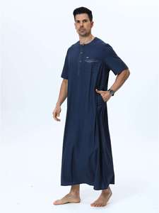 <b>Men's</b> Navy Blue Short Sleeve <b>Thobe</b> Cotton Floor Length Casual Daily Wear Round Neck Solid Color Middle East Style - Product Image 3