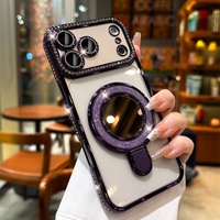 Étui de luxe à strass couvrant entièrement l'appareil pour iPhone 17 16 15 14 13 12 11 Pro Max, avec support magnétique miroir et protection d'objectif, coque pour iPhone