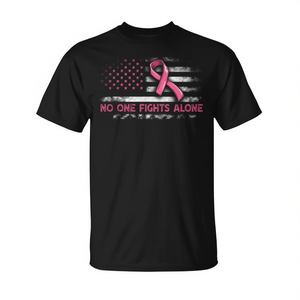 T-shirt rose avec ruban rose pour la sensibilisation au cancer du sein, design drapeau américain, « No One Fights Alone » - Product Image 1