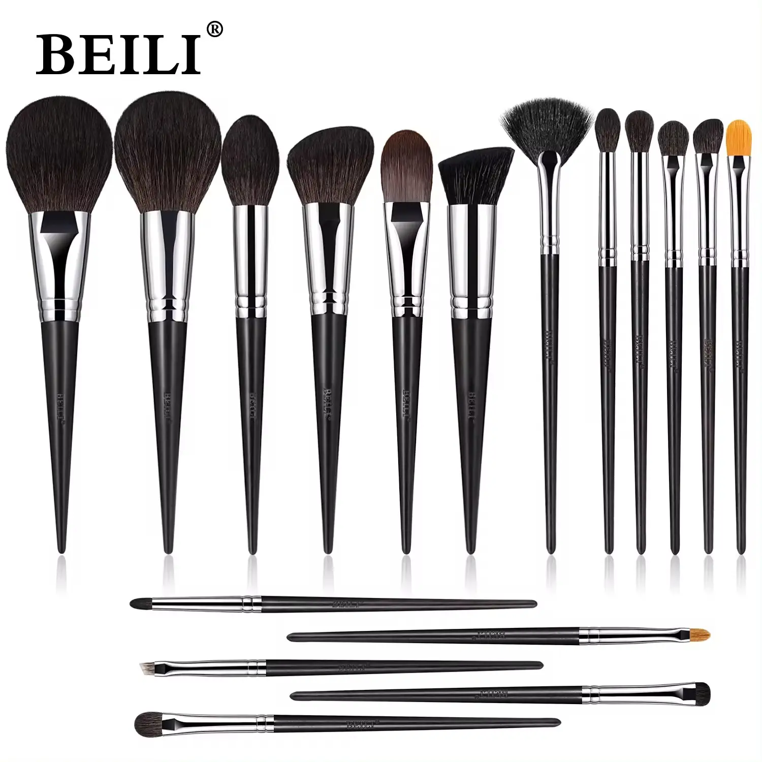 BEILI Schwarz professionelles Luxus-Pinsel-Set 17 Stück hochwertige Ziegenhaar-Makeup-Pinsel Blending-Augenpinsel individuelles Logo für Mädchen