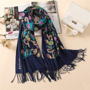 New Design Winter Women Pashmina Solid Color Tassel <strong>Shawl</strong> <strong>Embroidered</strong> Floral Cashmere Scarf - Product Image 4